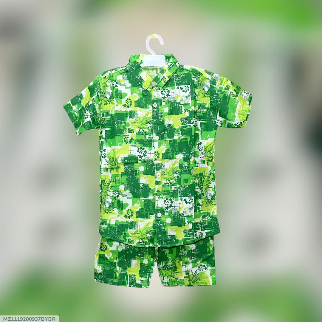 2 Pcs Boy's Dhanak Printed Shirt And Shorts Set