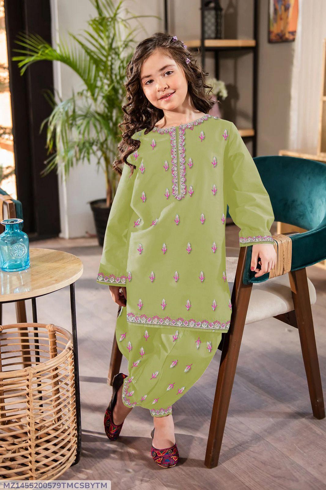 2Pcs Front Neck,Border Embroidered Shirt With Emb Trouser Kids