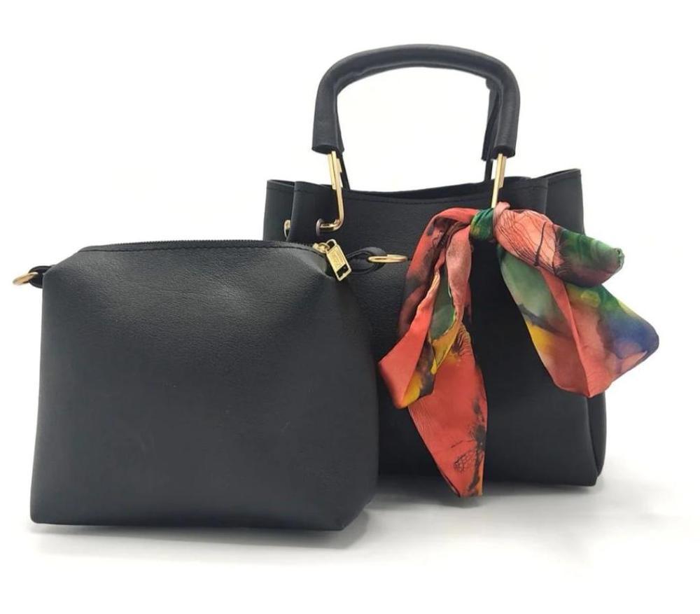 Chic Women's PU Leather Hand Bag Set - 2 Pcs Black Plain Style