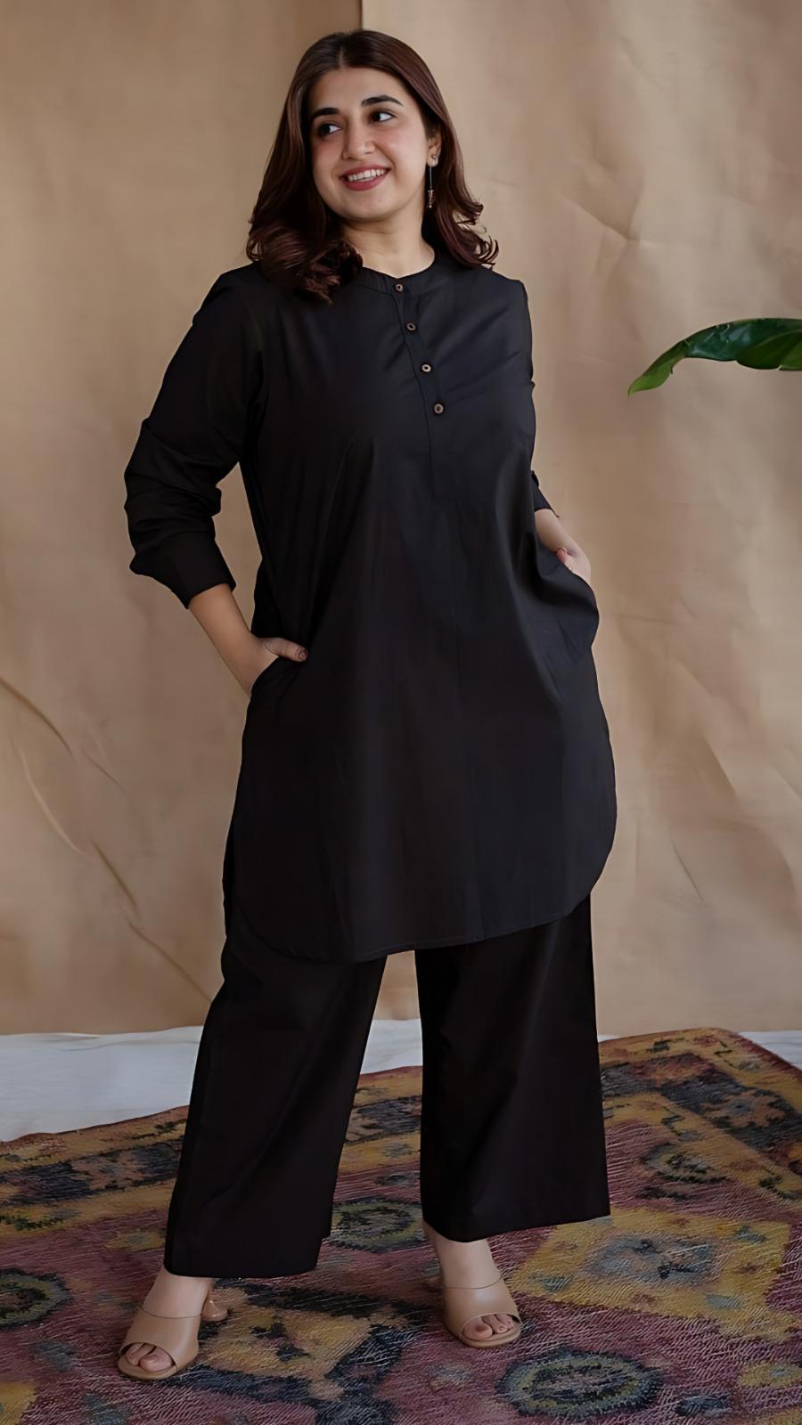 Stylish Women's Stitched Shirt And Trouser Set - 2 Pcs in Classic Black - Plain Cotton Fabric