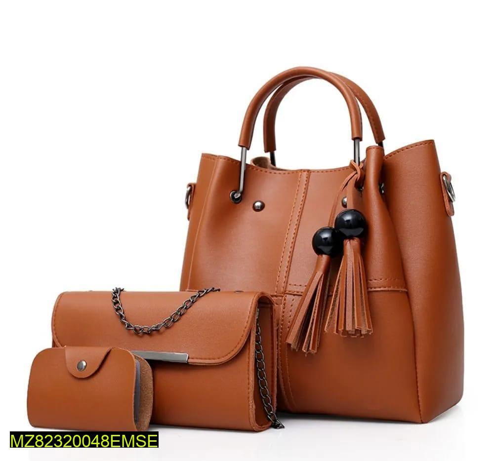 Women's PU Leather plain handbag set - 3 pcs