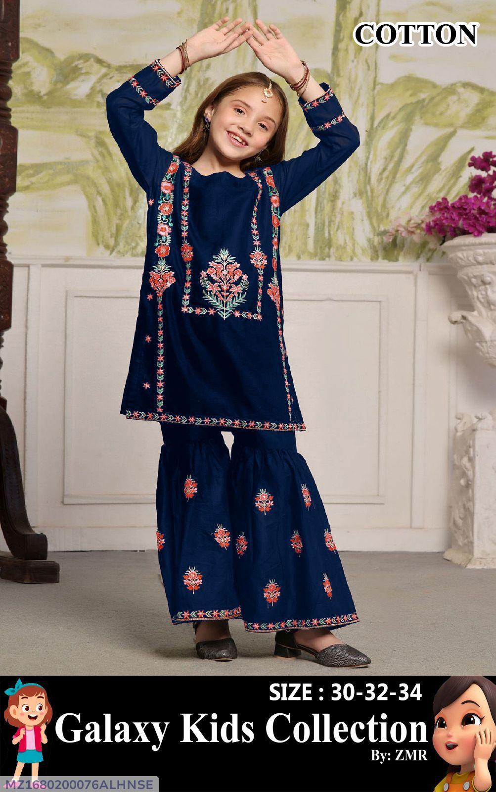 2Pcs Front Multi Embroidered Shirt With Embroidered Garara Kids 2Pcs