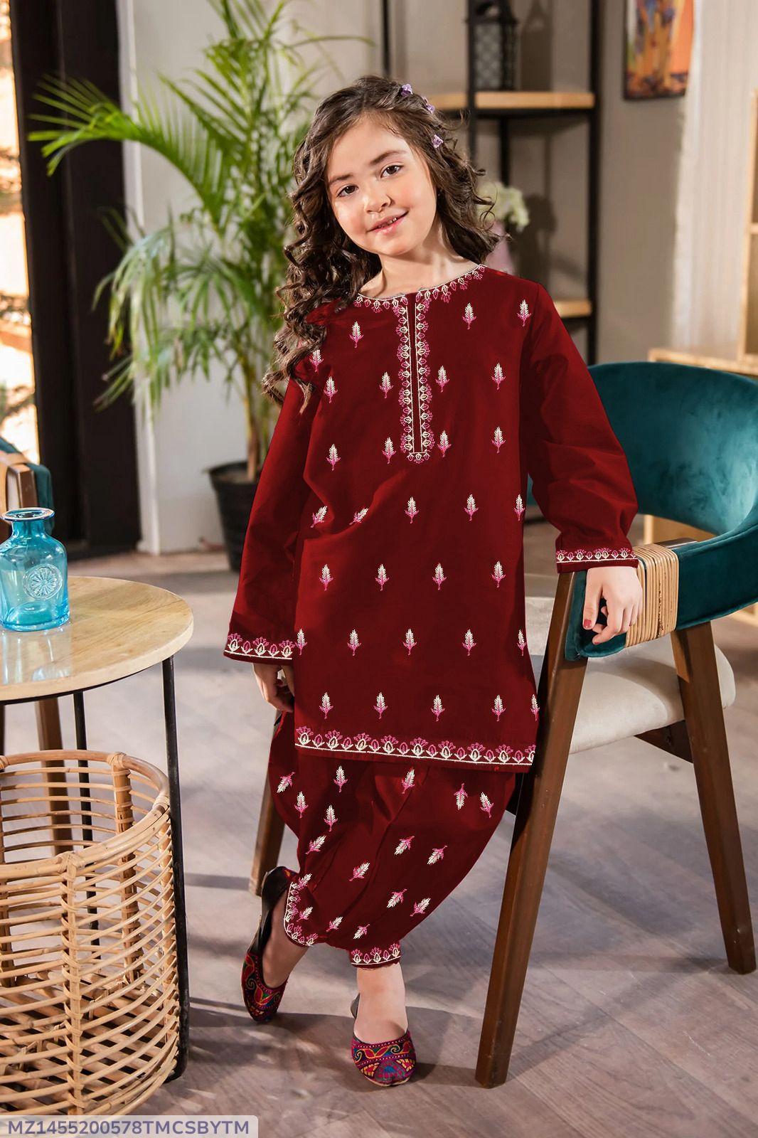 2Pcs Front Neck,Border Embroidered Shirt With Emb Trouser Kids