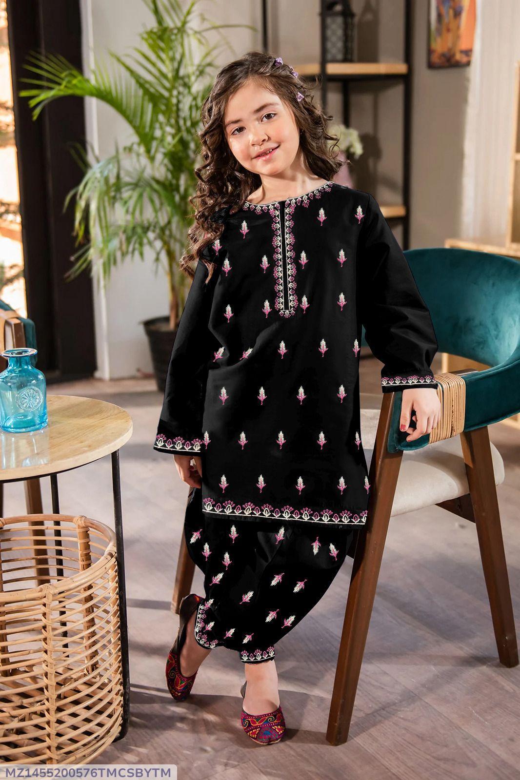 2Pcs Front Neck,Border Embroidered Shirt With Emb Trouser Kids