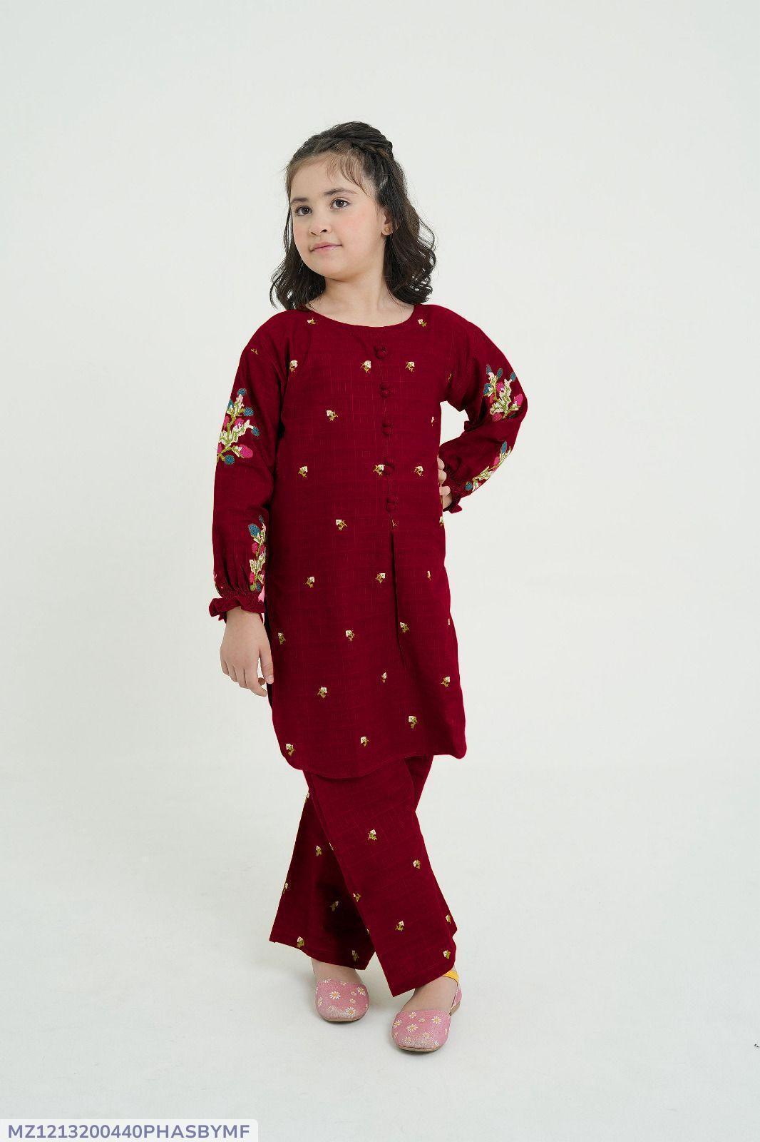 2Pcs Front Neck,Border Embroidered Shirt With Emb Trouser Kids