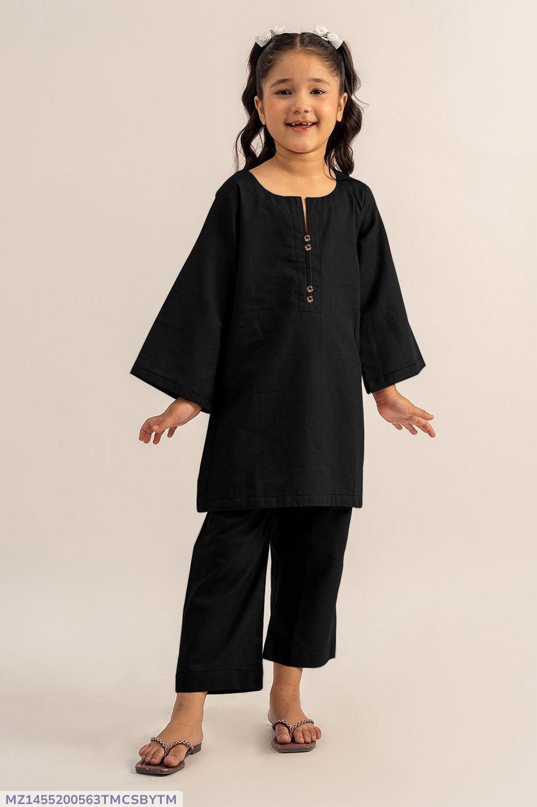 2 Pcs Girl's Cotton Plain Kurta And Trouser
