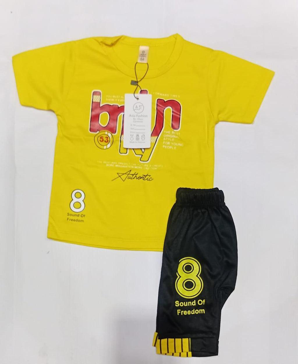 Boys' Cotton Jersey Printed T-Shirt and Shorts Set - 2 Pcs in Bright Yellow