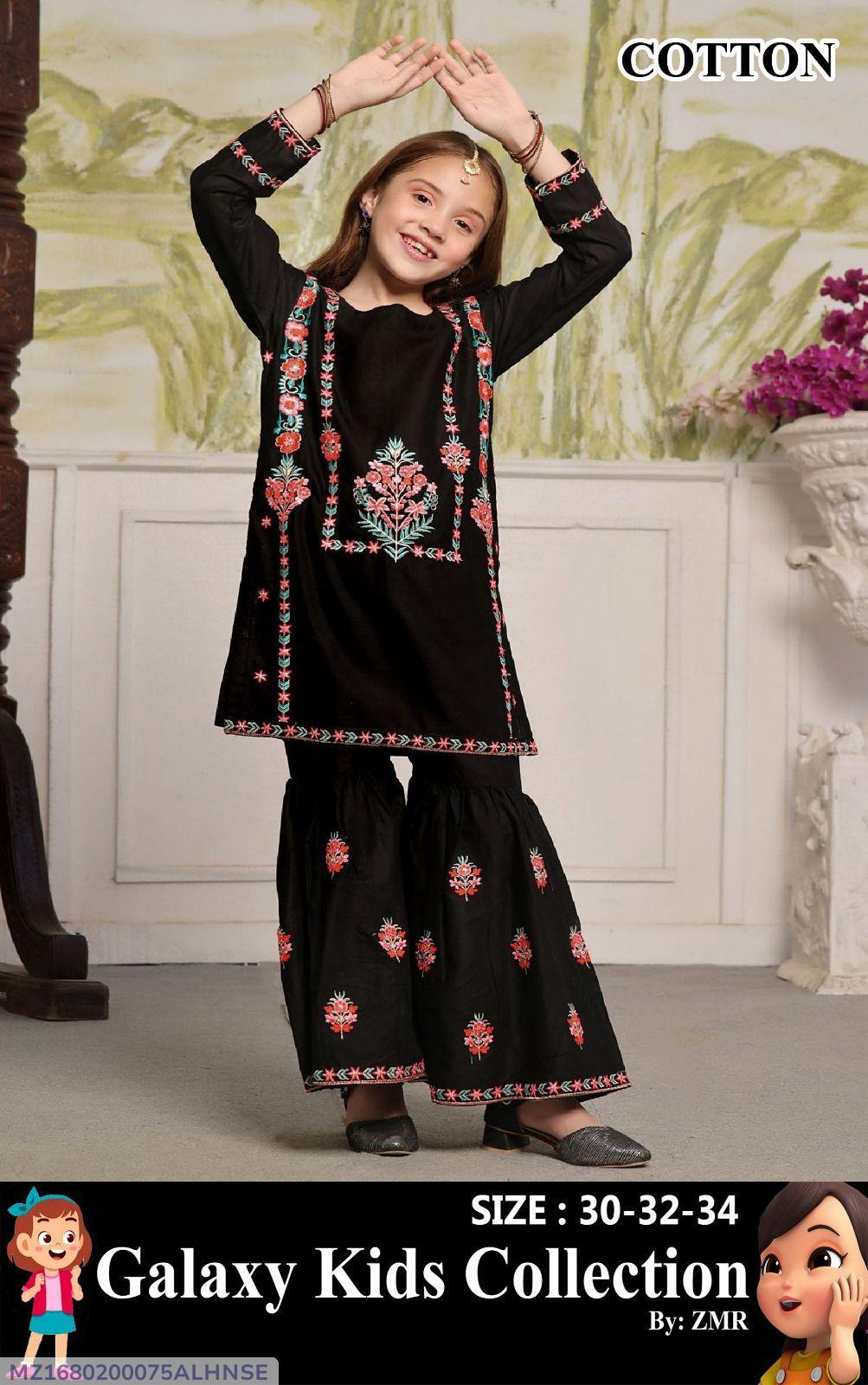 2Pcs Front Multi Embroidered Shirt With Embroidered Garara Kids 2Pcs