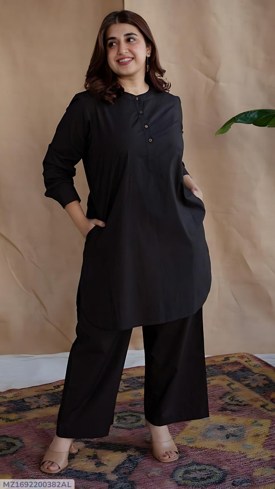 Stylish Women's Stitched Shirt And Trouser Set - 2 Pcs in Classic Black - Plain Cotton Fabric
