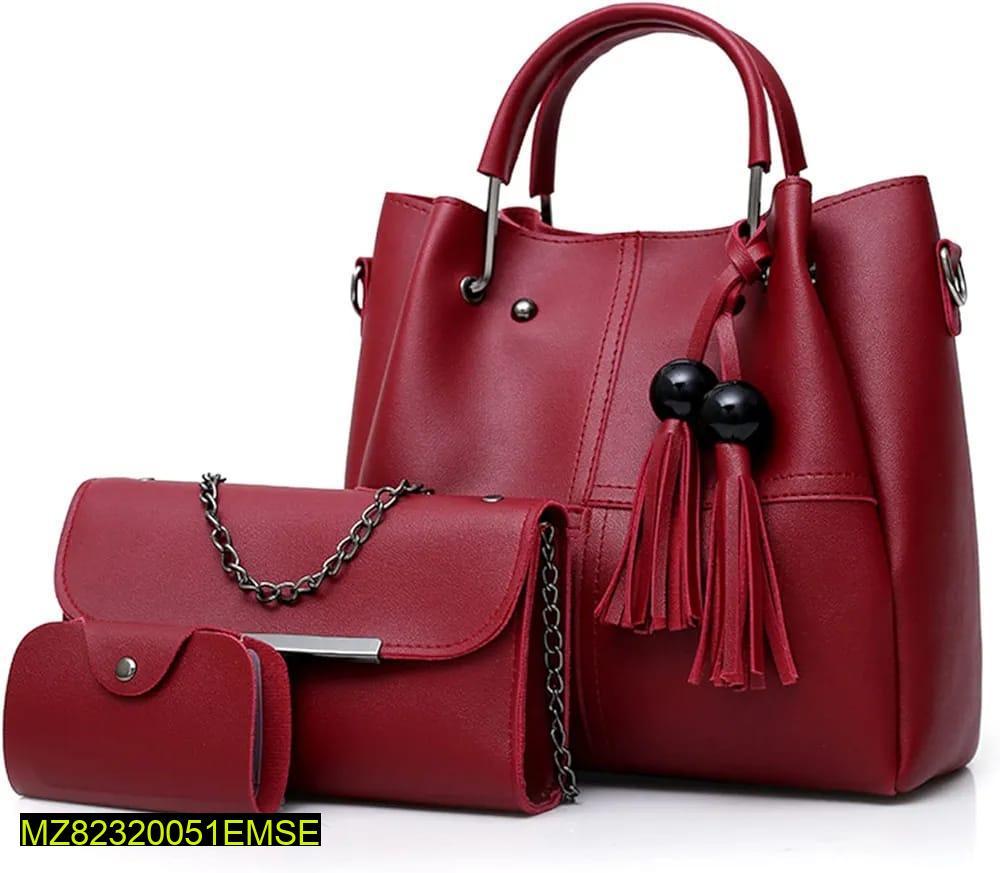 Women's PU Leather plain handbag set - 3 pcs