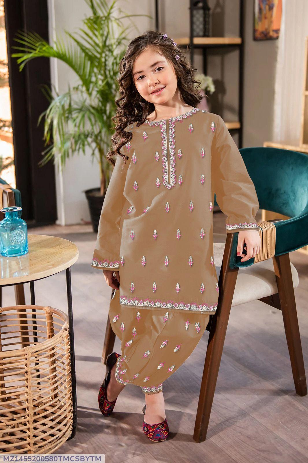 2Pcs Front Neck,Border Embroidered Shirt With Emb Trouser Kids