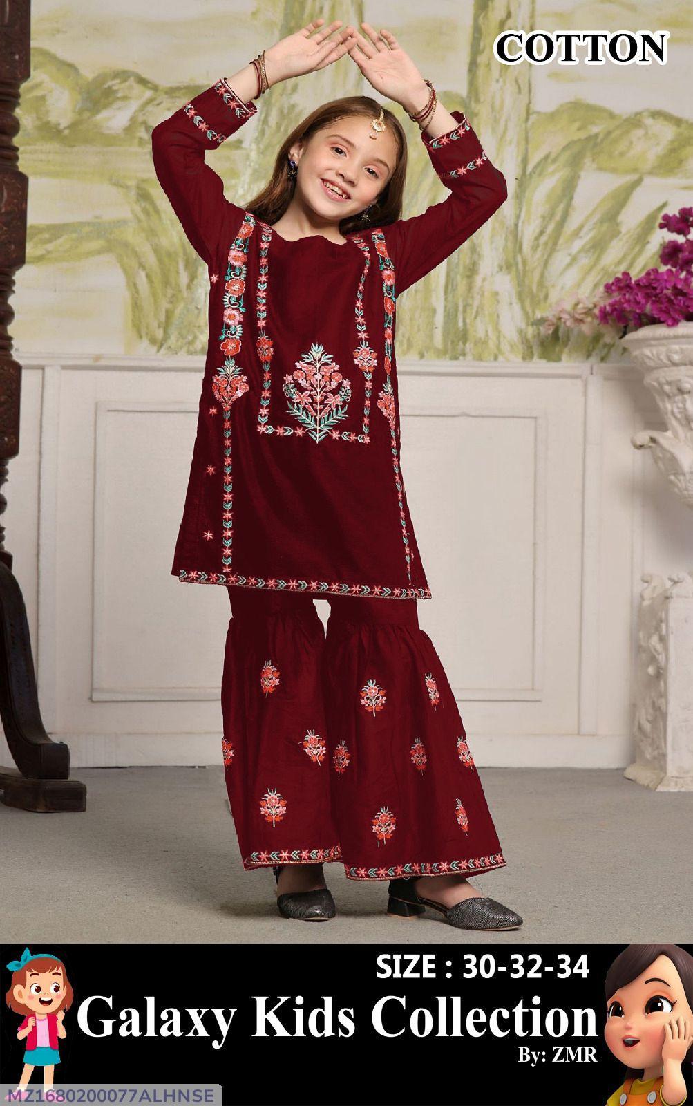 2Pcs Front Multi Embroidered Shirt With Embroidered Garara Kids 2Pcs