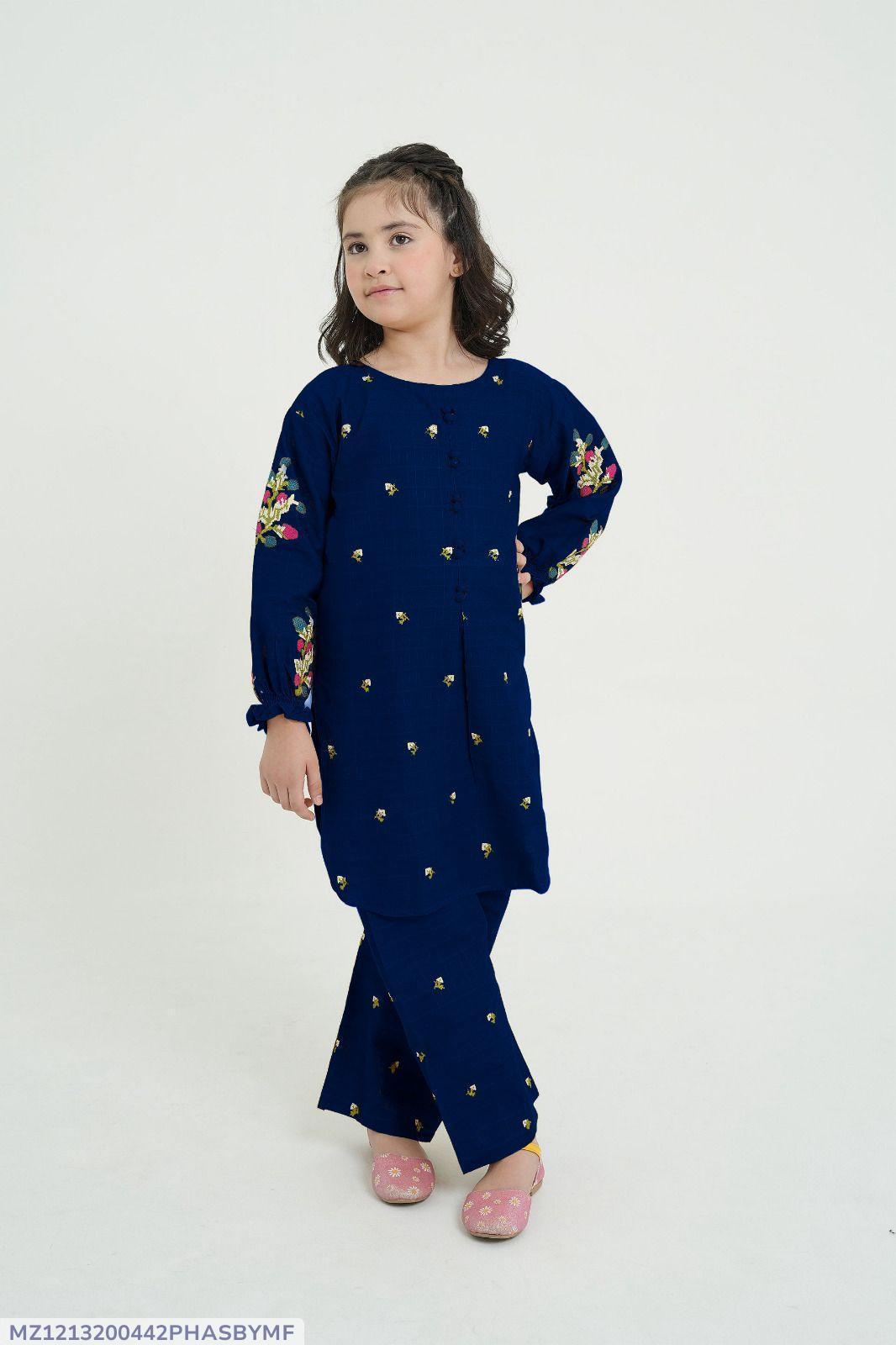 2Pcs Front Neck,Border Embroidered Shirt With Emb Trouser Kids