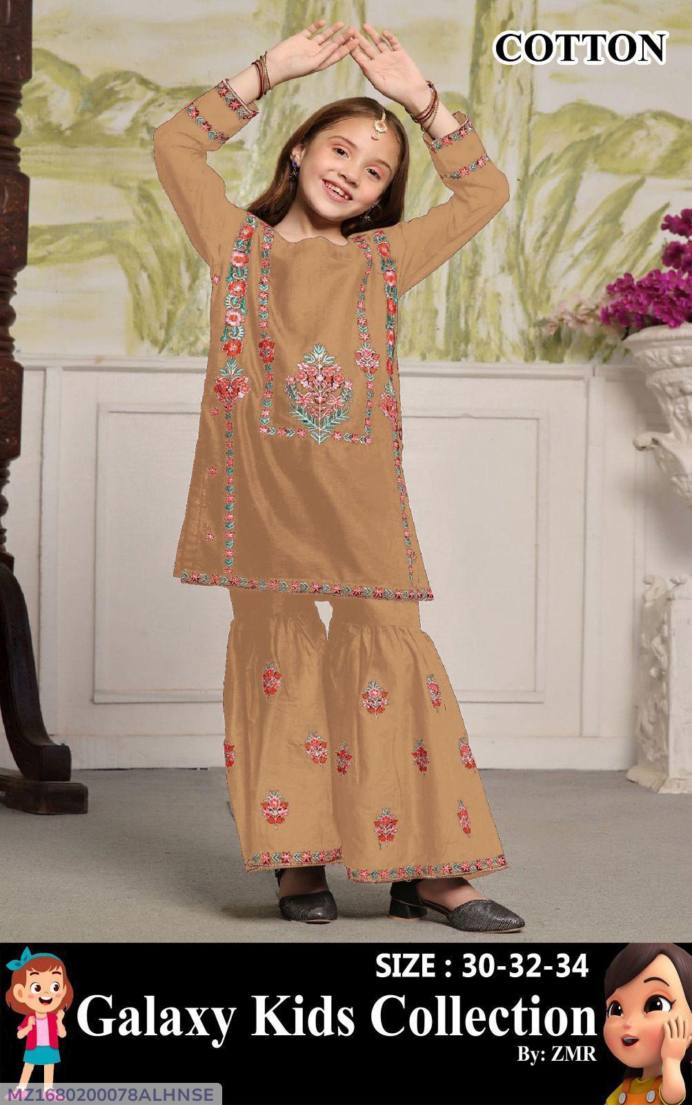 2Pcs Front Multi Embroidered Shirt With Embroidered Garara Kids 2Pcs
