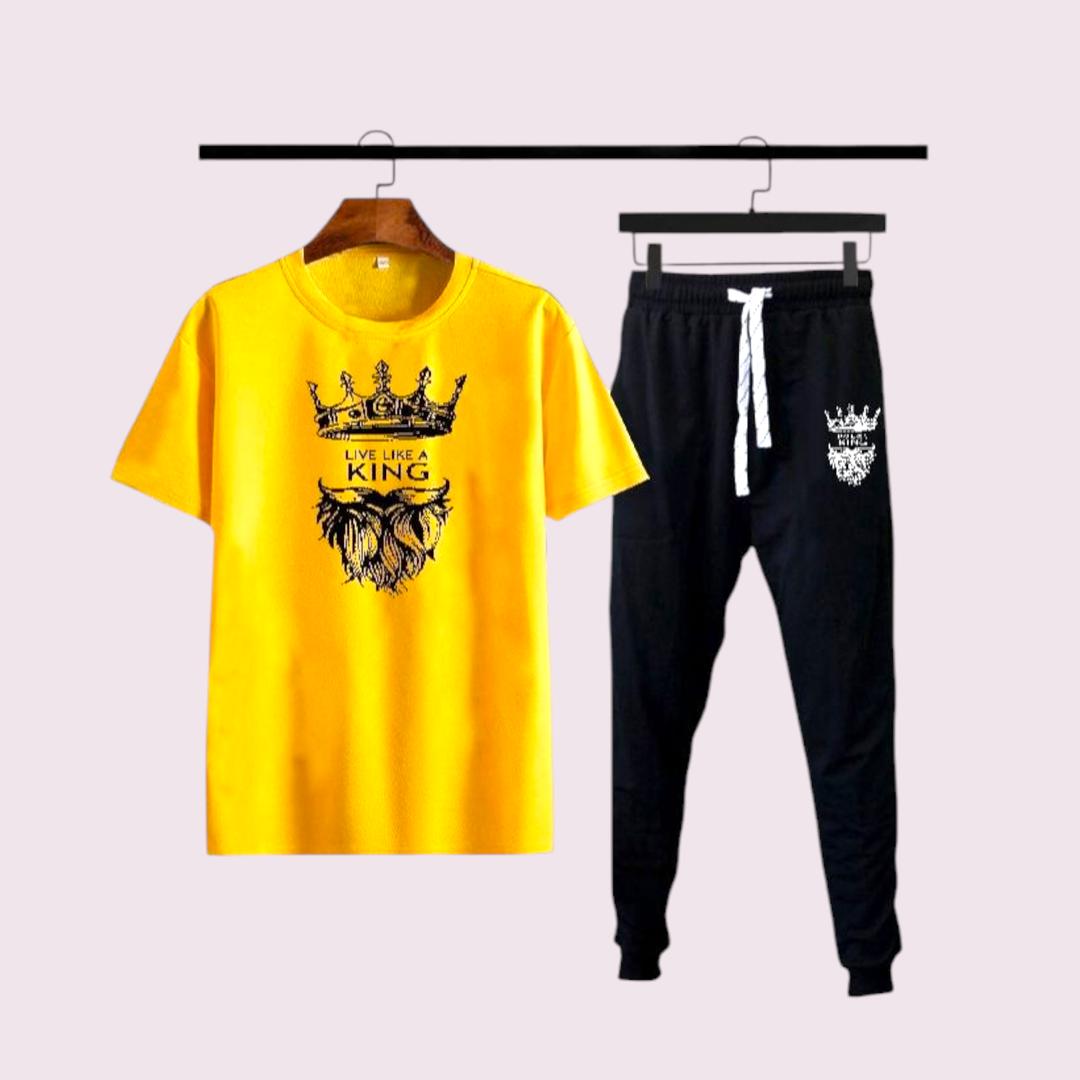 : 2 Pcs Men's Micro Interlock Printed T-Shirt & Shorts Tracksuit