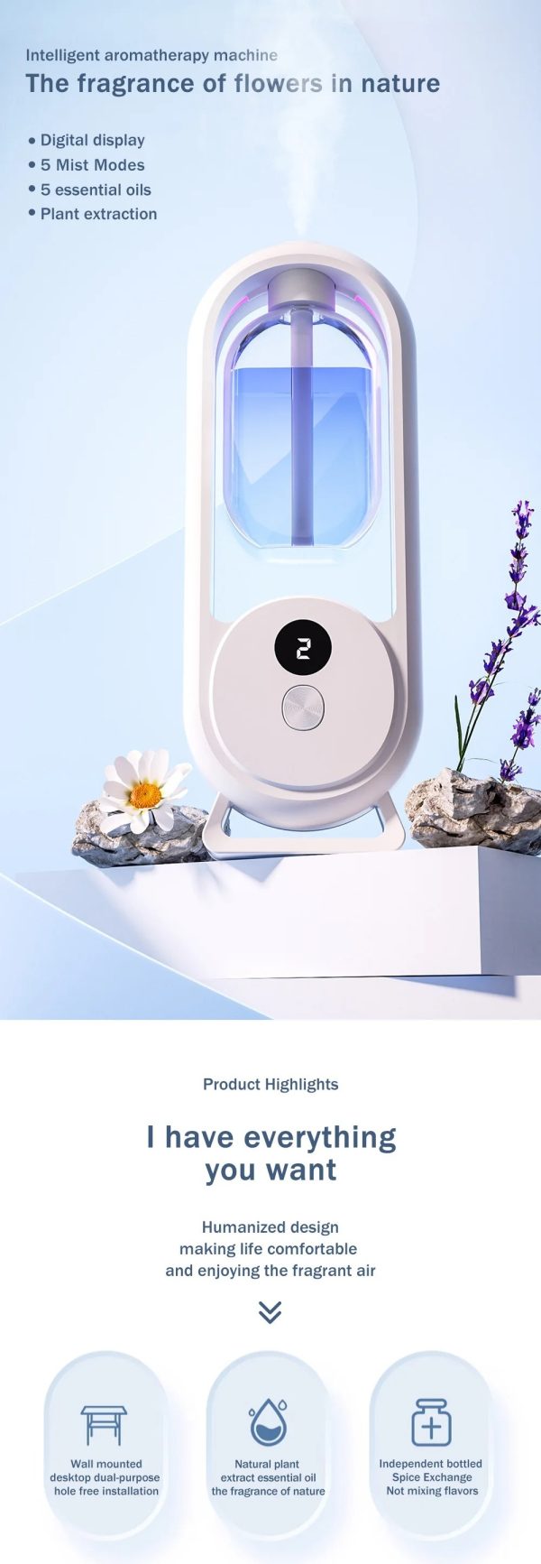 Rechargeable 5-Mode Aromatic Diffuser – Timed Essential Oil Air Freshener for Bedroom, Living Room &amp; Bathroom 50ml