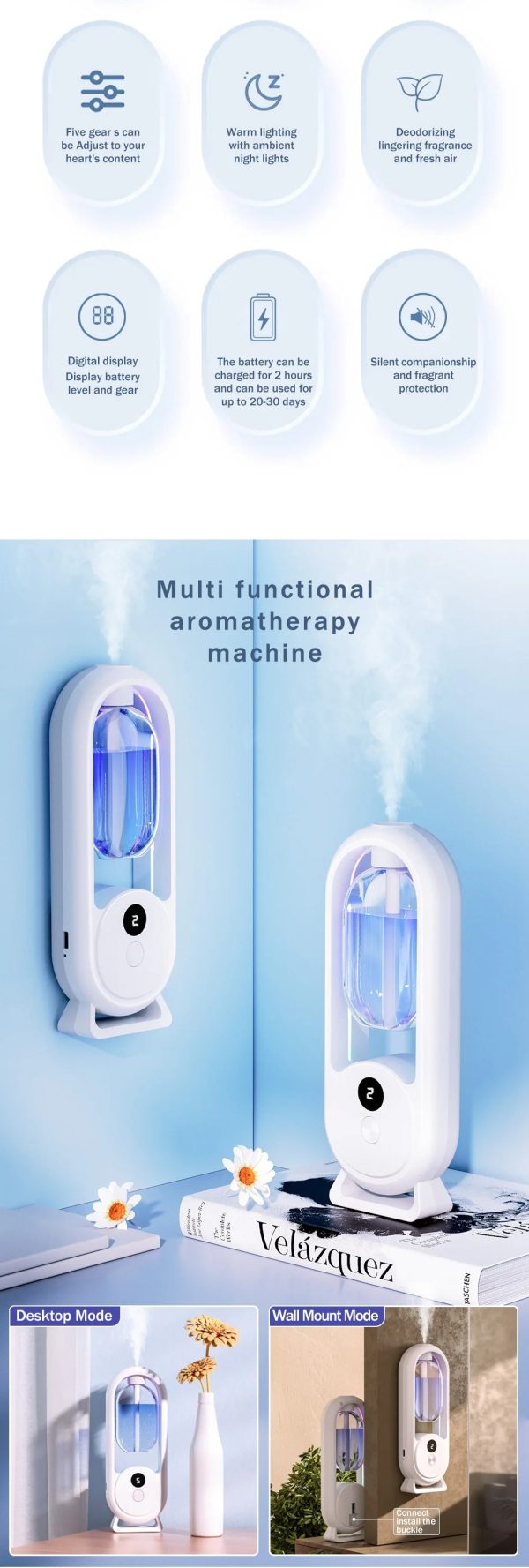 Rechargeable 5-Mode Aromatic Diffuser – Timed Essential Oil Air Freshener for Bedroom, Living Room &amp; Bathroom 50ml