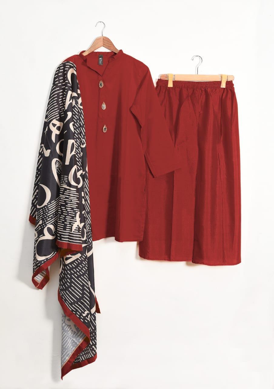 3 Pcs Women's Stitched Grip Silk Plain Suit